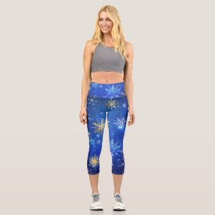 XMAS Blue Background with Golden Snowflakes Capri Leggings