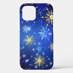 XMAS Blue Background with Golden Snowflakes iPhone 12 Case