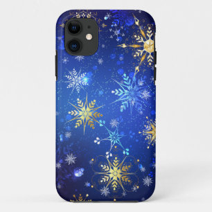 XMAS Blue Background with Golden Snowflakes iPhone 11 Case