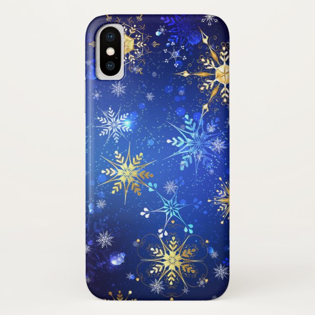 XMAS Blue Background with Golden Snowflakes Case-Mate iPhone Case (Back)