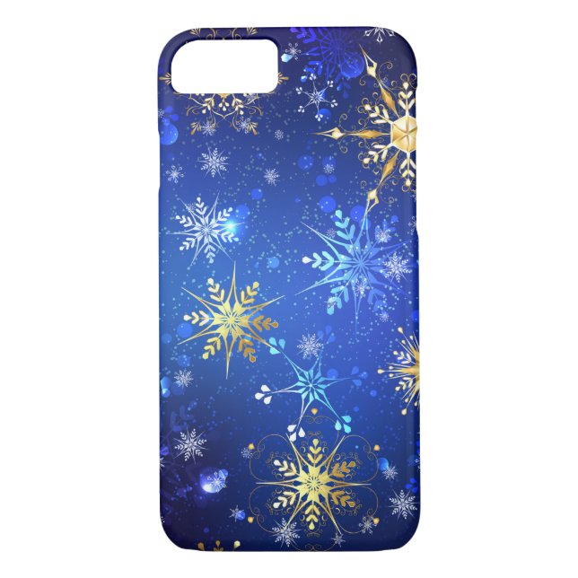XMAS Blue Background with Golden Snowflakes Case-Mate iPhone Case (Back)