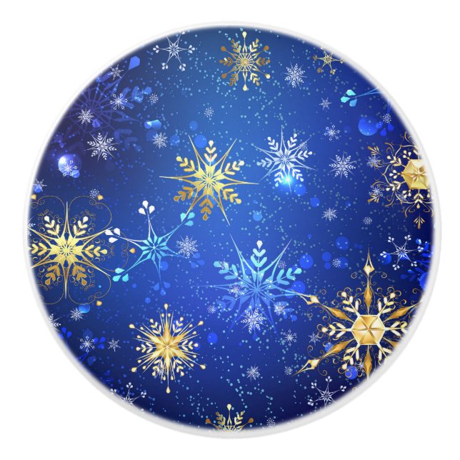 XMAS Blue Background with Golden Snowflakes Ceramic Knob (Front)
