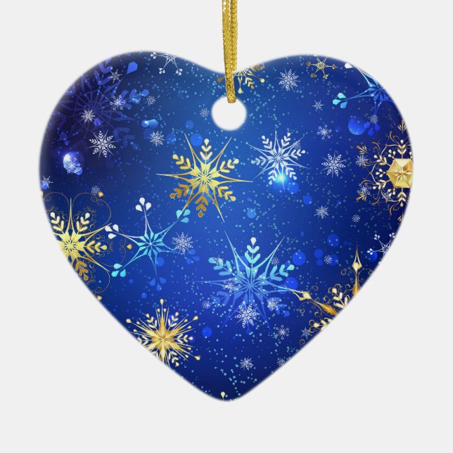 XMAS Blue Background with Golden Snowflakes Ceramic Ornament (Front)