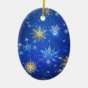 XMAS Blue Background with Golden Snowflakes Ceramic Ornament