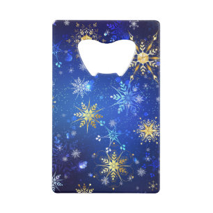 XMAS Blue Background with Golden Snowflakes Credit Card Bottle Opener