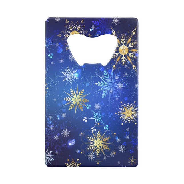 XMAS Blue Background with Golden Snowflakes Credit Card Bottle Opener (Front)