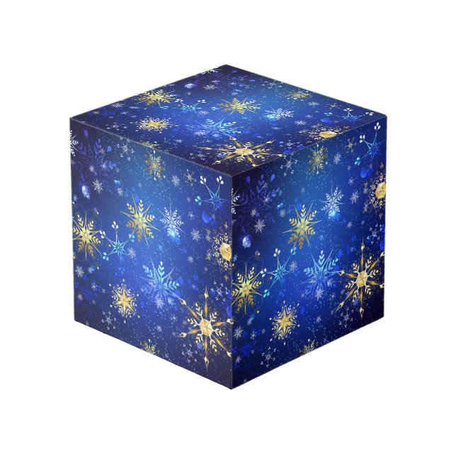 XMAS Blue Background with Golden Snowflakes Cube (Front Angled)