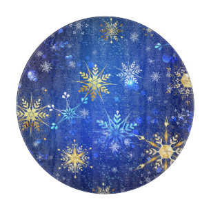 XMAS Blue Background with Golden Snowflakes Cutting Board