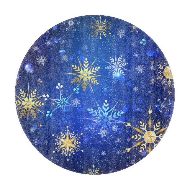 XMAS Blue Background with Golden Snowflakes Cutting Board (Front)