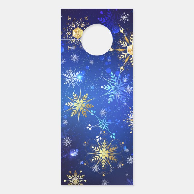 XMAS Blue Background with Golden Snowflakes Door Hanger (Front)