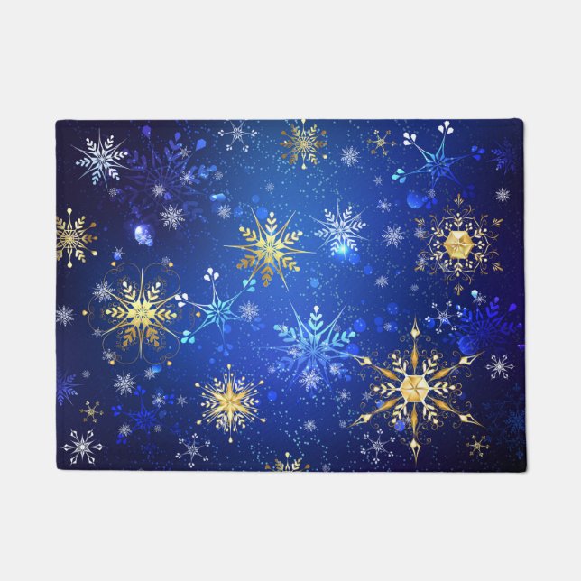 XMAS Blue Background with Golden Snowflakes Doormat (Front)