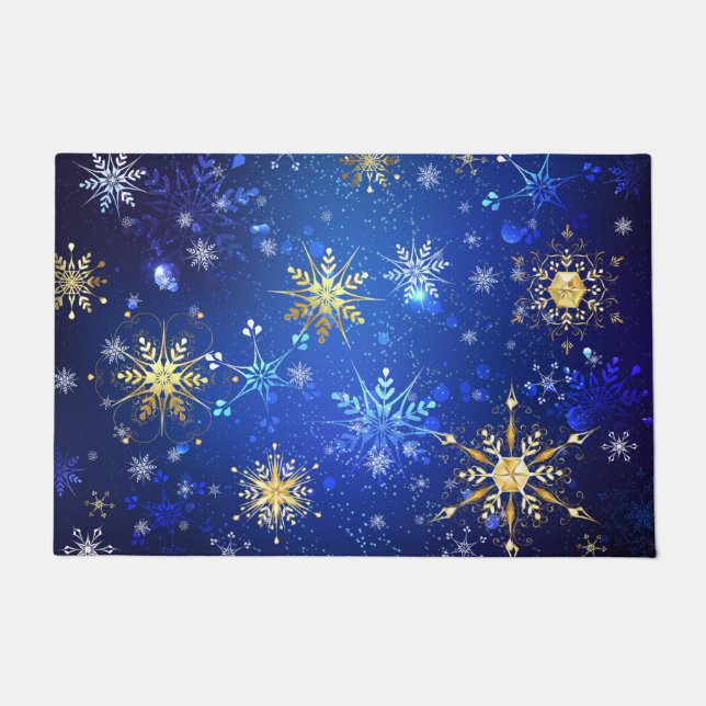 XMAS Blue Background with Golden Snowflakes Doormat (Front)