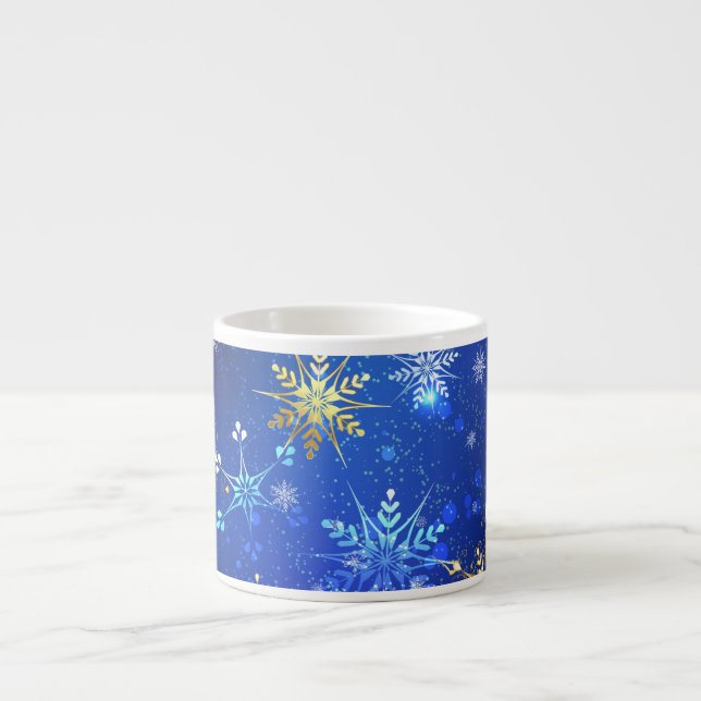 XMAS Blue Background with Golden Snowflakes Espresso Cup (Front)