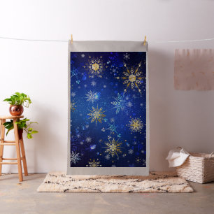 XMAS Blue Background with Golden Snowflakes Fabric