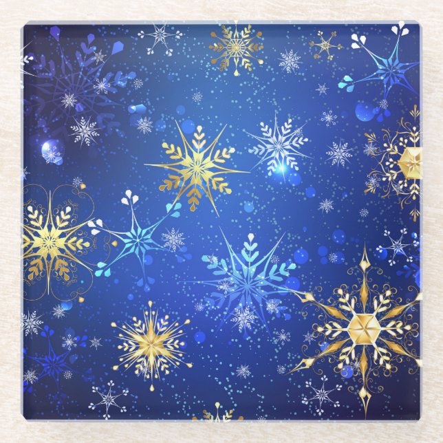 XMAS Blue Background with Golden Snowflakes Glass Coaster (Front)
