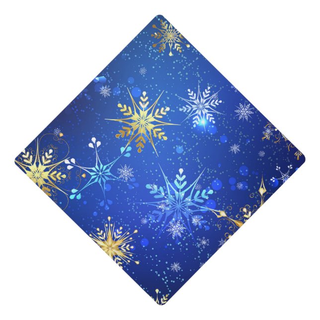 XMAS Blue Background with Golden Snowflakes Graduation Cap Topper (Front)
