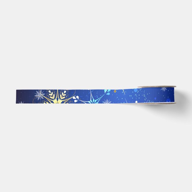 XMAS Blue Background with Golden Snowflakes Grosgrain Ribbon (Front)