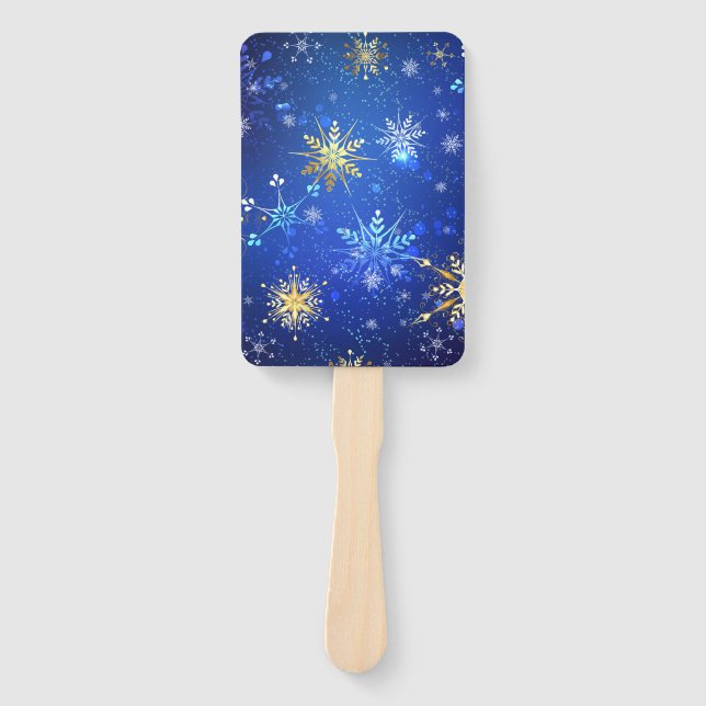 XMAS Blue Background with Golden Snowflakes Hand Fan (Front)