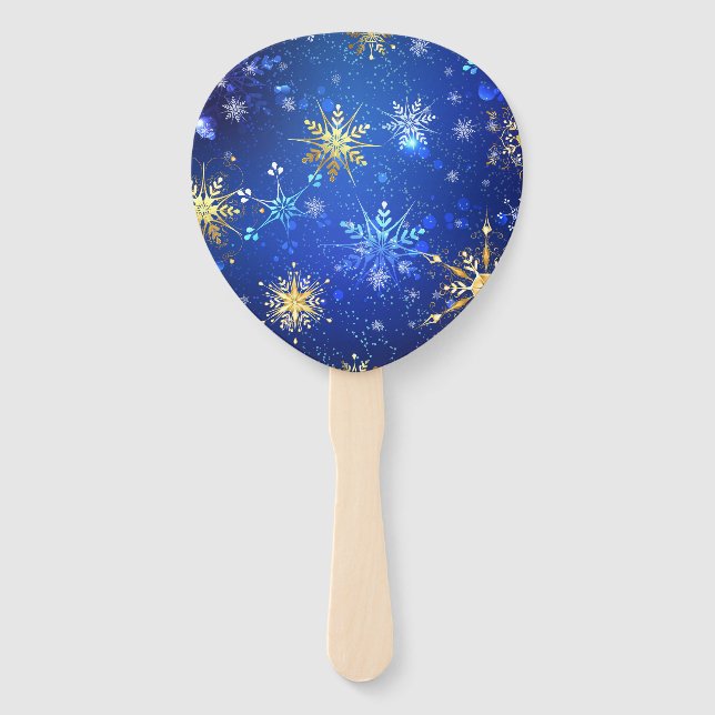 XMAS Blue Background with Golden Snowflakes Hand Fan (Front)