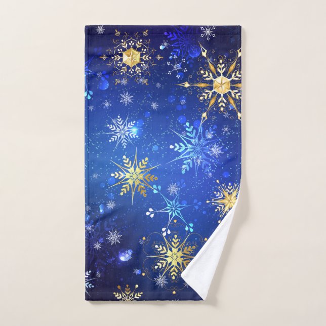 XMAS Blue Background with Golden Snowflakes Hand Towel (Hand Towel)