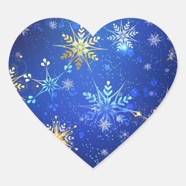 XMAS Blue Background with Golden Snowflakes Heart Sticker (Front)