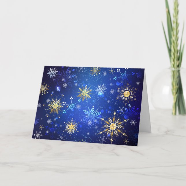 XMAS Blue Background with Golden Snowflakes Holiday Card (Front)