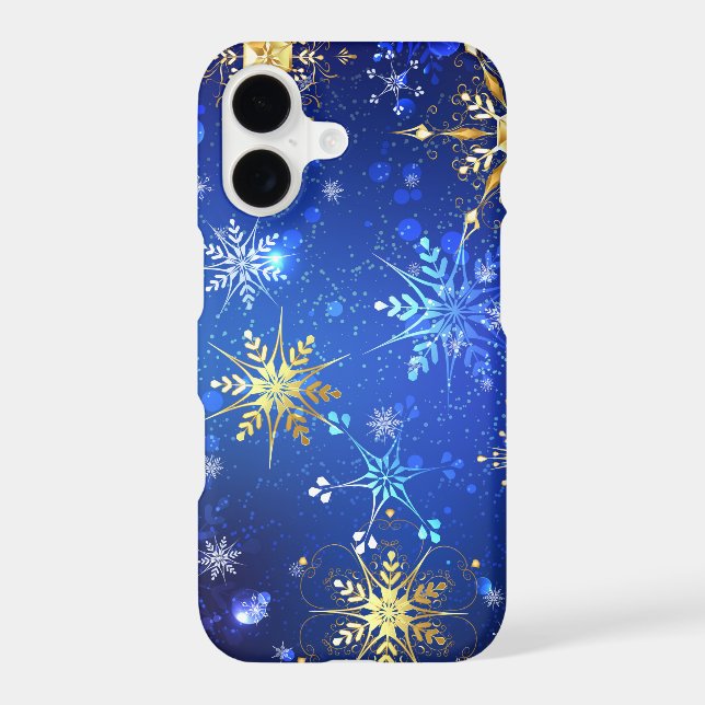 XMAS Blue Background with Golden Snowflakes iPhone Case (Back)