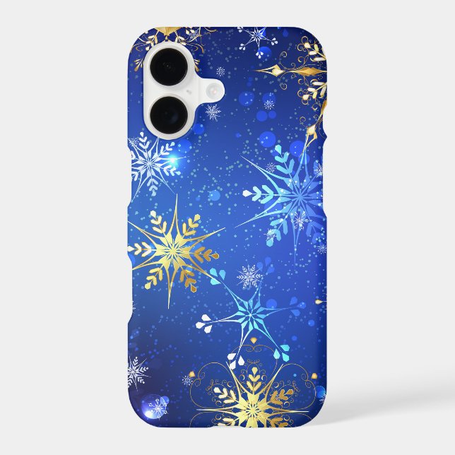 XMAS Blue Background with Golden Snowflakes iPhone Case (Back)