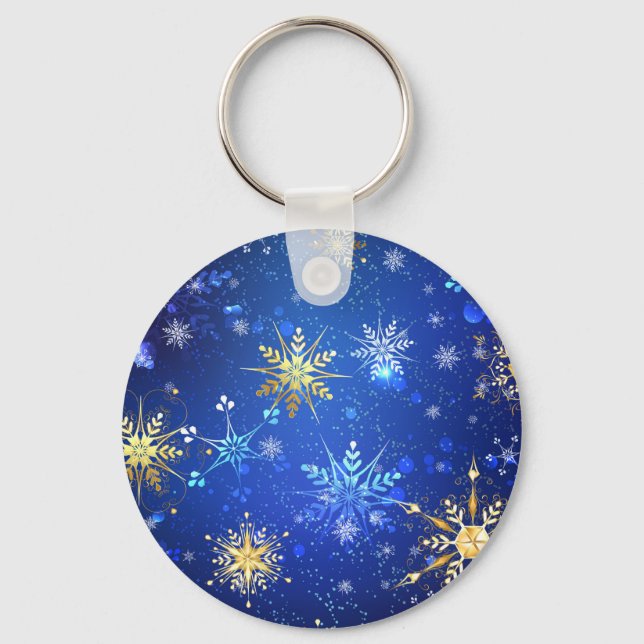 XMAS Blue Background with Golden Snowflakes Keychain (Front)