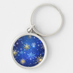 XMAS Blue Background with Golden Snowflakes Keychain