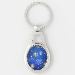 XMAS Blue Background with Golden Snowflakes Keychain