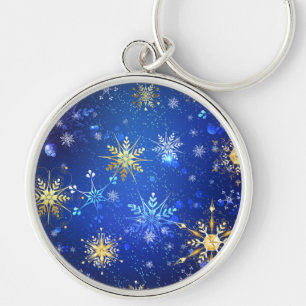 XMAS Blue Background with Golden Snowflakes Keychain