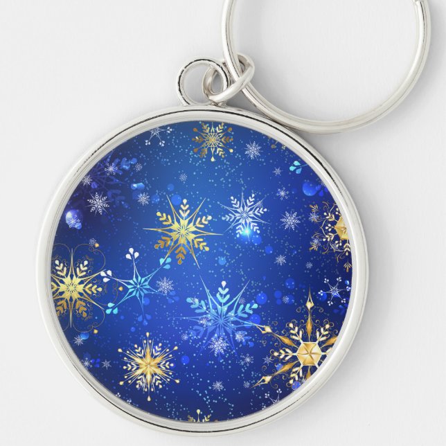 XMAS Blue Background with Golden Snowflakes Keychain (Front)