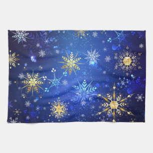 XMAS Blue Background with Golden Snowflakes Kitchen Towel