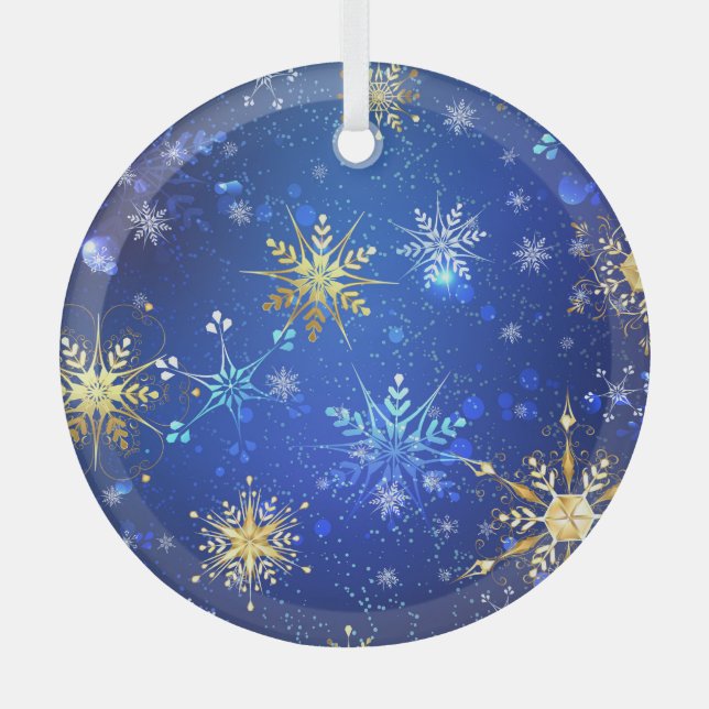 XMAS Blue Background with Golden Snowflakes Label Glass Ornament (Front)