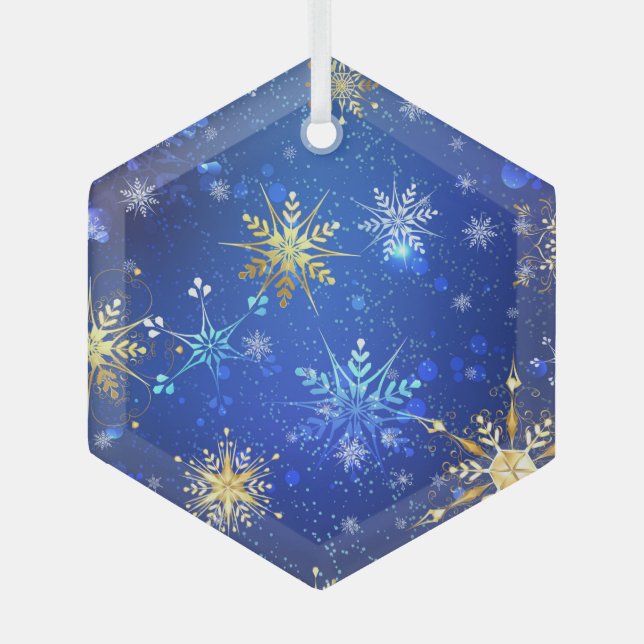 XMAS Blue Background with Golden Snowflakes Label Glass Ornament (Front)