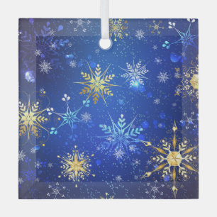 XMAS Blue Background with Golden Snowflakes Label Glass Ornament