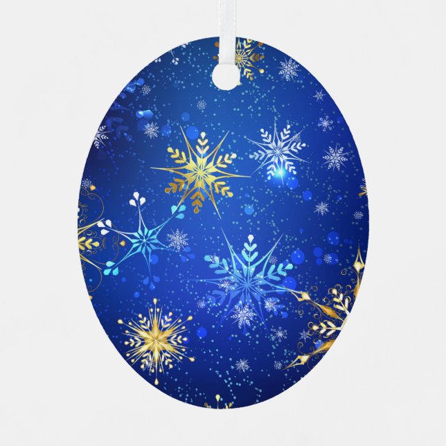 XMAS Blue Background with Golden Snowflakes Label Metal Ornament (Front)