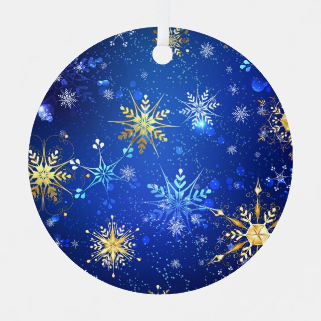 XMAS Blue Background with Golden Snowflakes Label Metal Ornament (Front)