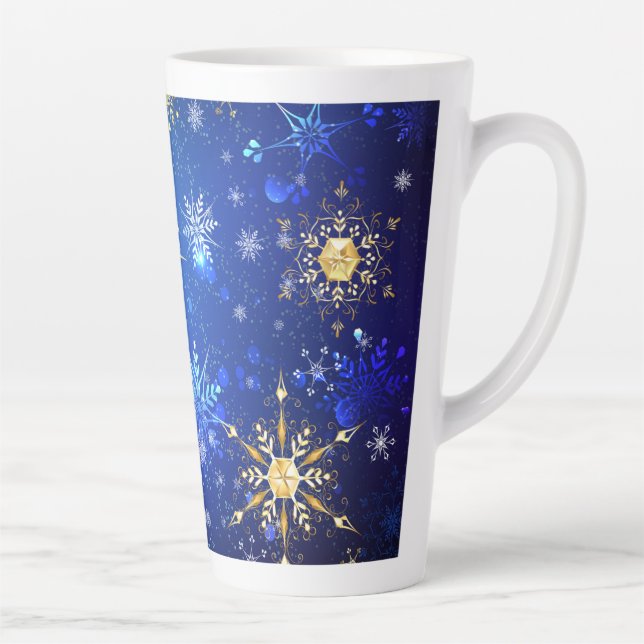 XMAS Blue Background with Golden Snowflakes Latte Mug (Right)