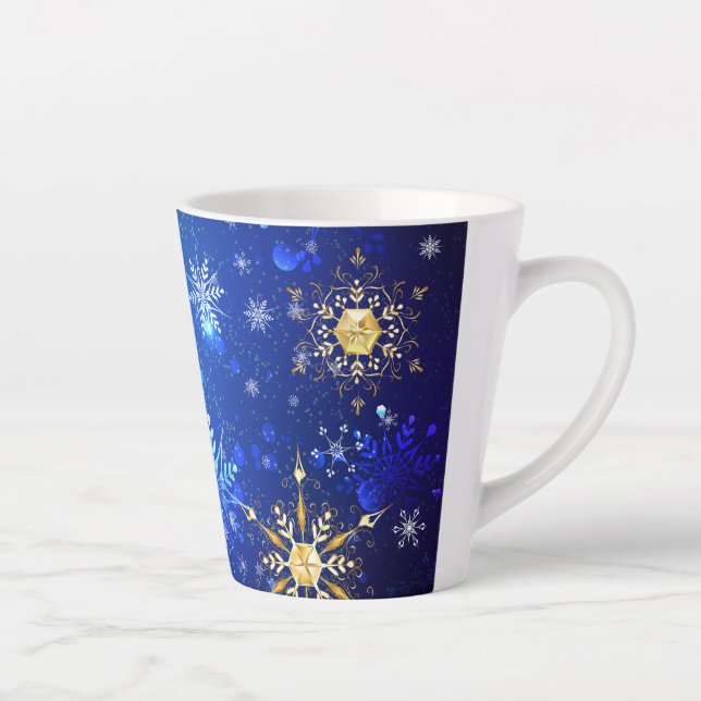 XMAS Blue Background with Golden Snowflakes Latte Mug (Right)