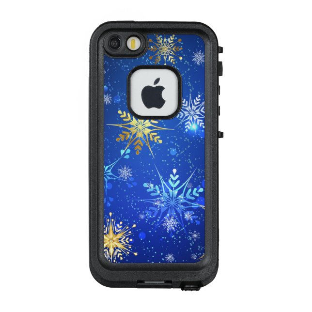 XMAS Blue Background with Golden Snowflakes LifeProof iPhone Case (Back)