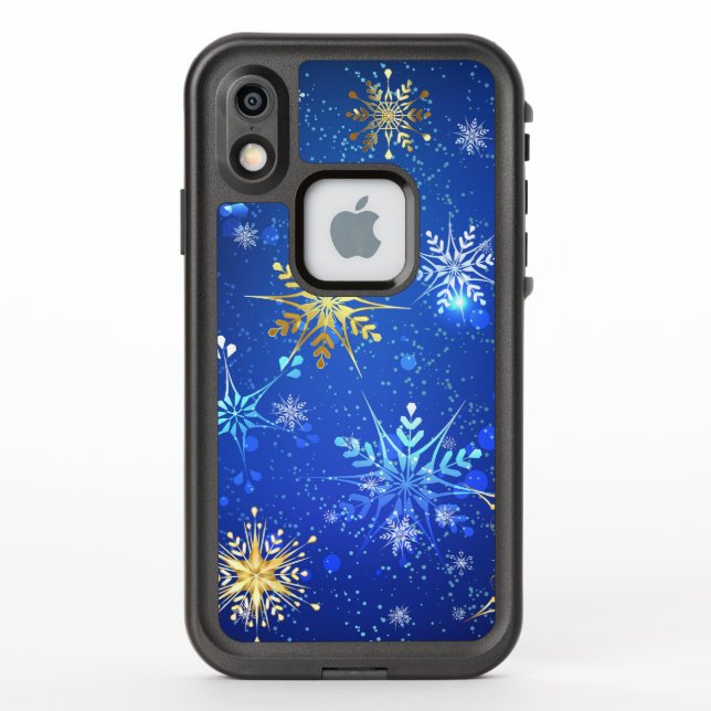 XMAS Blue Background with Golden Snowflakes LifeProof iPhone Case (Back)