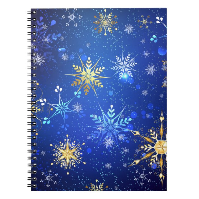 XMAS Blue Background with Golden Snowflakes Notebook (Front)
