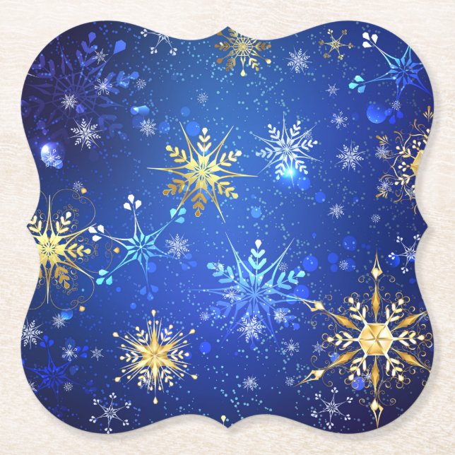 XMAS Blue Background with Golden Snowflakes Paper Coaster (Front)