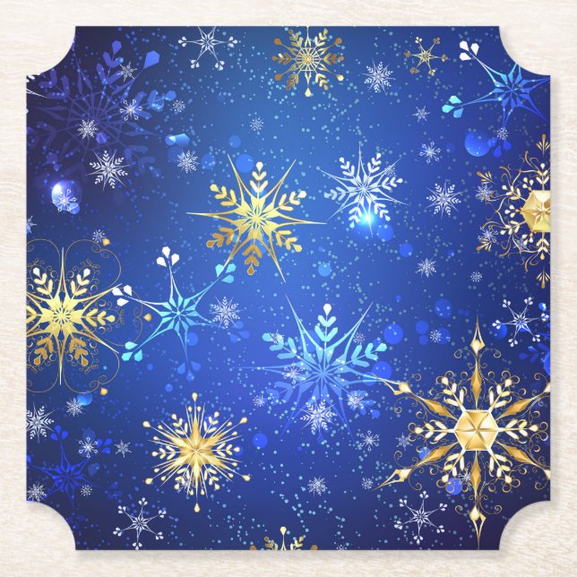 XMAS Blue Background with Golden Snowflakes Paper Coaster (Front)