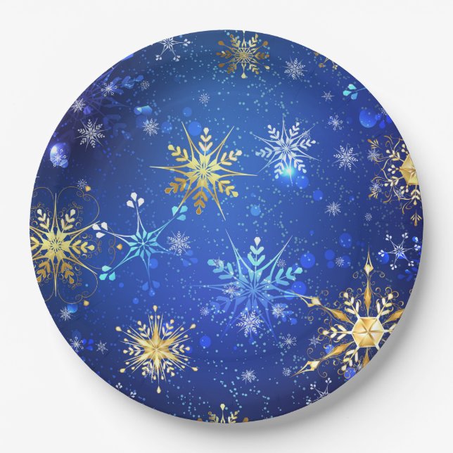 XMAS Blue Background with Golden Snowflakes Paper Plate (Front)