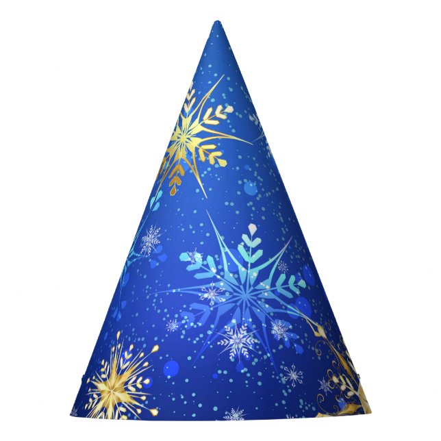 XMAS Blue Background with Golden Snowflakes Party Hat (Front)