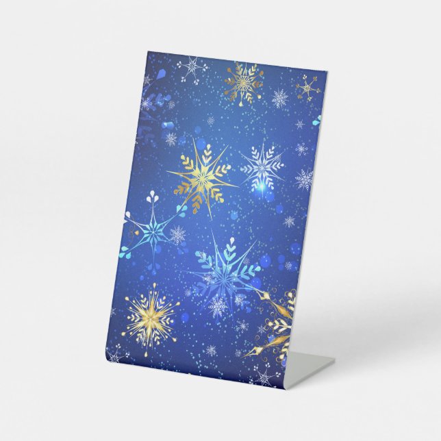 XMAS Blue Background with Golden Snowflakes Pedestal Sign (Front)