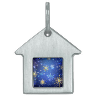 XMAS Blue Background with Golden Snowflakes Pet ID Tag